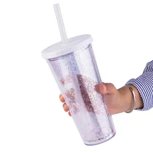 24oz Reusable Double Wall Glitter Sublimation Water Bottle Tumbler Cup With Straw