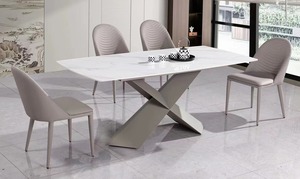 Juego de Mesa de Comedor de Diseño Moderno Wabi-Sabi, Tapa de Mármol Brillante, <span class=keywords><strong>Patas</strong></span> de Acero al Carbono, Venta al por Mayor, Muebles Nórdicos Blancos, Almacén - Product Image 4