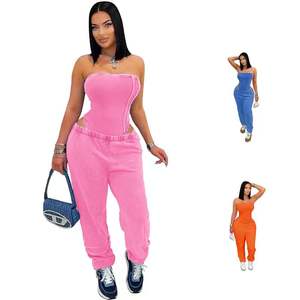 Ensemble 2 pièces t-shirt et pantalon de survêtement délavé à l'acide, combinaison taille haute à bande torsadée élastique pour femme - Product Image 1
