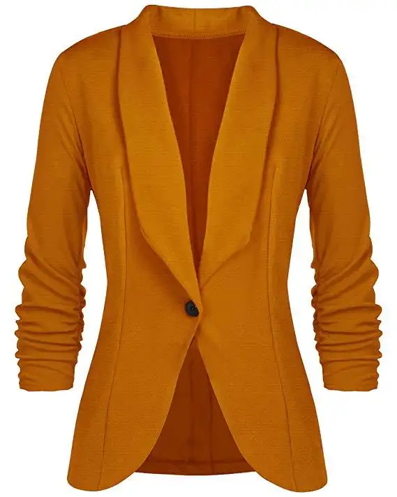 Office lady blazers coat solid long sleeves cardigan button casual suit navy blue apricot yellow slim cotton women jacket 2021