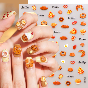 Autocollants 5D en relief pour ongles, motifs pain et pizza, autocollants adhésifs pour ongles avec croissants, toasts et œufs frits, pour nail art - Product Image 1