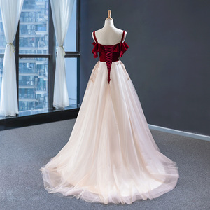 Wedding Dress Women A-Line Empire Waist Sweetheart Neckline Champagne Wine Red Contrast Color 3D Floral Embroidery Princess Gown - Product Image 4