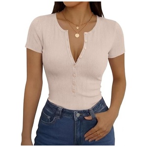 Camisetas de <span class=keywords><strong>Manga</strong></span> <span class=keywords><strong>Corta</strong></span> para <span class=keywords><strong>Mujer</strong></span>, Estilo Henley, Cuello en V, con Botones, Ajustadas, Elásticas, de Color Sólido - Product Image 4