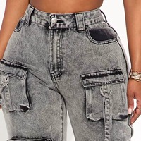 En iyi fiyat lüks bayanlar Baggy pantolon hızlı kuru 8 cepler kargo kot pantolon gevşek Fit ile Streetwear tarzı Denim pantolon
