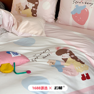Cute Cartoon 100S <b>Satin</b> Long Staple Cotton Four Piece Set Breathable Duvet Cover <b>Sheet</b> Set For Bedding - Product Image 3