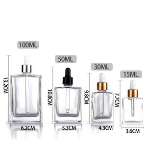 Flacons compte-gouttes en verre carré transparent de 15ml/1oz/50ml/100ml avec compte-gouttes en or noir - Product Image 4