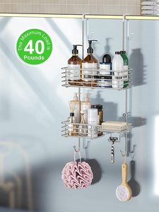 <strong>Shower</strong> <strong>Caddy</strong> <strong>Over</strong> <strong>the</strong> <strong>Door</strong>, Stainless Steel Bathroom Shelf Organizer, Rustproof Wall Rack with Hooks, Razors Towels Shampoo - Product Image 3