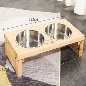 Bamboo Pet Food <b>Bowl</b> <b>Stand</b> 39.5x19.5x10.5cm Elevated Stainless Steel Double <b>Bowl</b> For <b>Dogs</b> Cats - Product Image 1