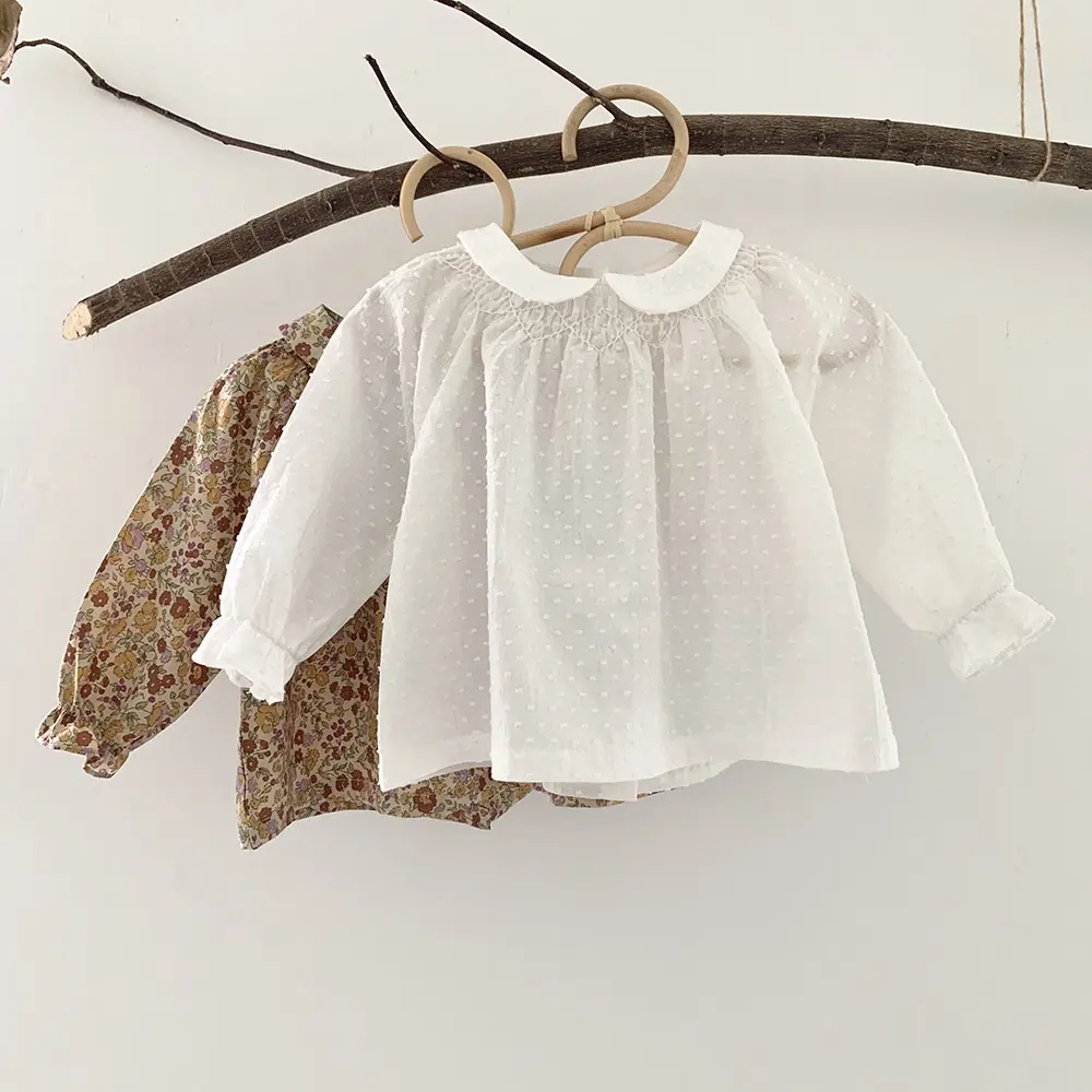2023 New Boutique Kids primavera autunno floreale carino bambini camicette camicia da principessa in cotone a pois bianchi
