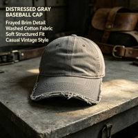 Casquette de baseball en coton délavé gris foncé, à bord effiloché et bords bruts, douce et structurée, effet vieilli, pour le streetwear, la marche urbaine, les activités de plein air et les voyages