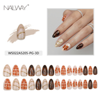 NAILWAY Faux Ongles à Coller en Gel Marron Motif Fleur Léopard Amande avec Ligne Dorée 3D, 30 Pièces, 15 Tailles