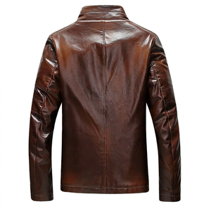 Blouson moto en cuir véritable marron pour homme, style motard, col montant, fermeture éclair, coupe classique, pour l'automne, vente en gros - Product Image 5