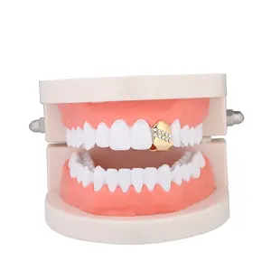 Hip Hop Single Teeth Top Grillz Iced Out Rhinestone Gold Plated Dental Teeth Grillz For Men Body Jewelry Wholesale