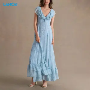 2024 V Kragen Ärmelloses Rüschen saum Damen Chiffon Kleid Blau bedrucktes Chiffon Stoff Lässiges Abendkleid