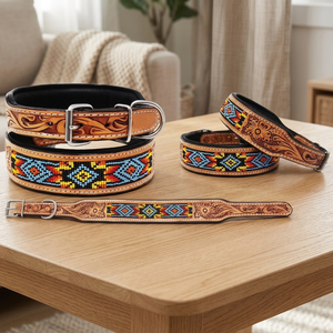 High Quality Soft Padded Beaded Dog Collar Hand Carved Design New Arrival High Quality <b>Leather</b> Collar <b>Rivet</b> Super September Sale - Product Image 3