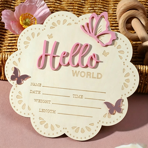 Plaque <span class=keywords><strong>de</strong></span> bienvenue personnalisée en <span class=keywords><strong>bois</strong></span> gravé, carte <span class=keywords><strong>de</strong></span> jalons <span class=keywords><strong>de</strong></span> développement pour bébé, panneau d'annonce <span class=keywords><strong>de</strong></span> naissance « Hello World » - Product Image 2