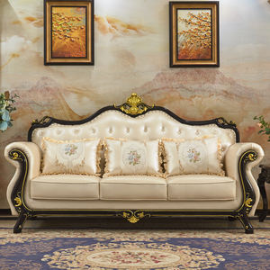 Europese Stijl Echt Lederen Bank 123 Set, Grote Driezitter Met Ebbenhout Massief Houtsnijwerk - Product Image 4