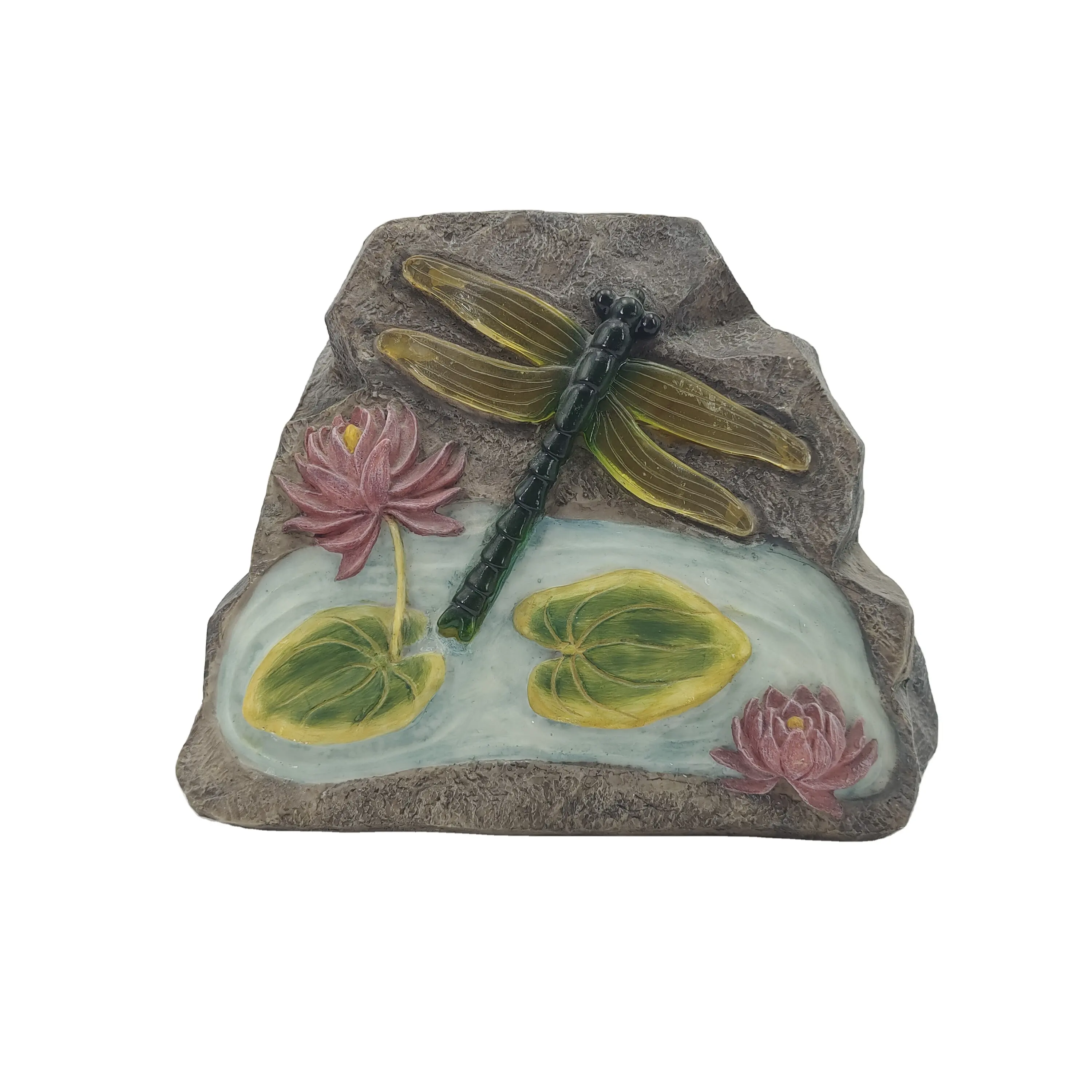 Poly resina artesanato solar dragonfly pedra pátio lâmpada, ornamento de jardim pátio