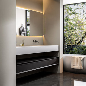 Meuble de salle de bain suspendu en bois d'hévéa, style hôtel de luxe léger, avec vasque intégrée et armoire miroir intelligente - Product Image 6