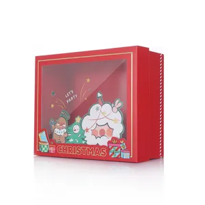 新款时尚圣诞风格红色硬质礼品盒PVC窗圣诞礼品盒包装