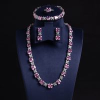 Parure de bijoux de luxe en laiton doré et zircon, collier, boucles d'oreilles, bracelet et bague, style royal américain, pour fiançailles, anniversaire et mariage
