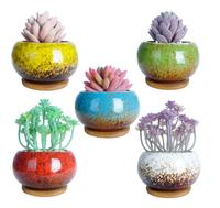Ins — Pots de plantes de Cactus en céramique, avec plateau en bambou, Pot de fleurs rond moderne émaillée, conteneur pour décorer