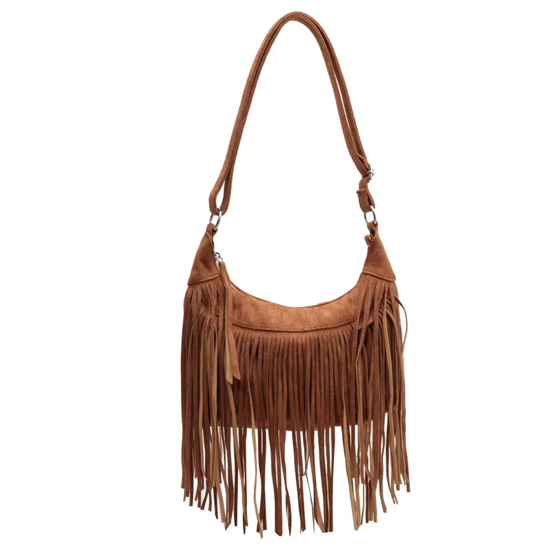 2022 Trendy Suede Leather Tassel Hobo Shoulder Bags Featured Purses Bohemian Fringed Handbags Crossbody Bags for Women