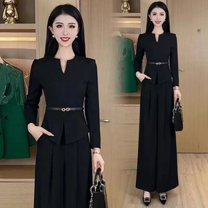 Women's Suit Set Slim Fit V Neck Top Wide Leg Pants Black Polyester Crepe Anti Wrinkle Casual Professional Two Piece Set - Product Image 1