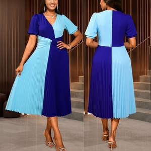 657 à la mode élégant col en V à manches courtes Patchwork torsion taille bleu une ligne plissée grande taille Midi formel femmes tenue décontractée - Product Image 2