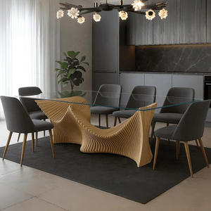 Table à manger rectangulaire contemporaine de luxe en érable paramétrique, artistique et organique, avec plateau en verre ondulé, mobilier de maison massif sur mesure - Product Image 5