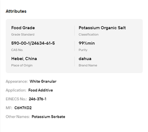 Sorbato de Potasio de Grado Alimenticio en Polvo Granular CAS 24634-61-5 Sal Orgánica Soluble en Agua para Panadería y Bebidas - Product Image 6