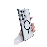 Étui de téléphone magnétique transparent de luxe avec bande anti-collision et support de détection d'objectif, compatible avec Samsung S26 S25 S24
