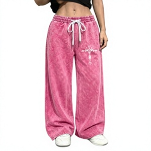 <b>Men's</b> Pink Acid Wash Wide Leg Pants Streetwear Embroidered Cross Sweatpants Elastic Waist Drawstring <b>Baggy</b> <b>Trousers</b> - Product Image 1