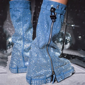 Denim Metallic Lock Shark Long <b>Boots</b> Thick Soles Knee High Booties Women Round Toe Zipper Bling Diamonds Shoes for Lady - Product Image 3