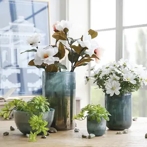 Bixuan 입 불어 아트 유리 꽃병 홈 장식 테이블 Centerpieces 터키석 블루 솔리드 컬러 금속 광택 유리 꽃병