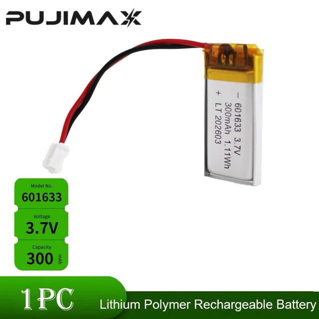 PUJIMAX 601633 300mAh 3.7V Lithium Polymer Battery Rechargeable LiPo Battery Cell with Ph2.0 Plug for Bluetooth Headset GPS Toys