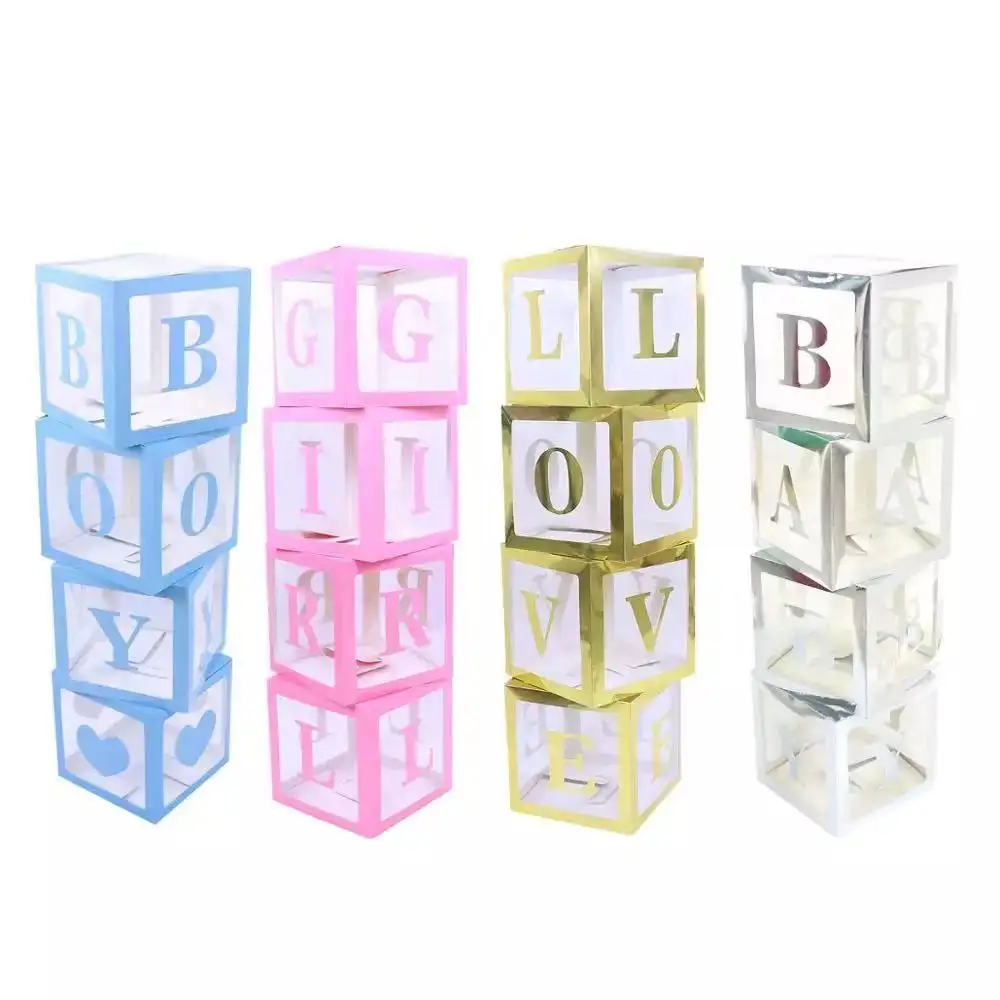 Pink blue Baby Shower Decoration Transparent Box Blocks Baby Love Wedding Birthday Party Decor Cardboard Box Gift Balloon Box