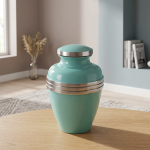 Urne funéraire en métal turquoise pour adulte, récipient commémoratif pour cendres, objet de souvenir pour la maison, écologique et durable, style indien - Product Image 1