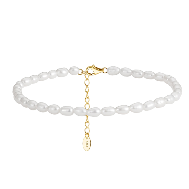 925 Sterling Silver Clasp Freshwater Pearl 3-4mm Rice Beaded Pearl Bracelet with Silver Extend Chain