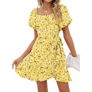 Vestido Casual con Estampado Floral para Mujer, Cuello Cuadrado, Corte en A, Transpirable, Tejido, para Uso Diario - Product Image 1