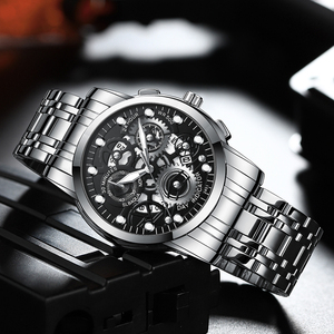 Montre chronographe squelette pour homme, cadran noir, acier inoxydable, montre sport pour homme - Product Image 2