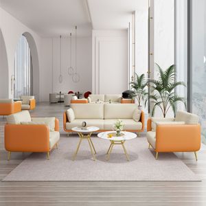 Conjunto de Sofás de Oficina Aobin, Combinación de Cuero, Asiento Individual y Triple, Color Naranja Vibrante, para Sala de Estar, Dormitorio, Estudio, Espacio Comercial - Product Image 2