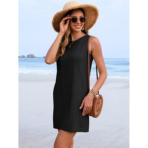 Robe de plage sans manches à œillets pour femme, tenue de vacances d'été, coupe ample, col rond, design texturé - Product Image 5