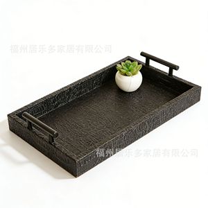 Plateau en cuir rectangulaire noir à motif crocodile avec poignée en métal pour servir le café, le thé, le rangement et la décoration créative de la maison - Product Image 1