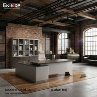 Conjunto de Muebles de Escritorio Ejecutivo en Forma de L de Lujo Moderno con Librero con Puerta de Vidrio LED a Juego y Silla Ergonómica