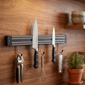 Support <span class=keywords><strong>mural</strong></span> magnétique en bambou pour couteaux, avec crochets adhésifs, <span class=keywords><strong>aimant</strong></span> en ferrite, pour une rangement pratique des couteaux - Product Image 1