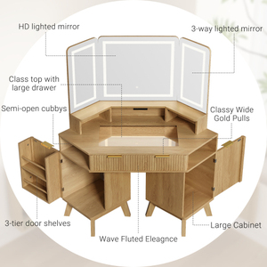 OE.HOME Modern Solid Wood 47.2" Corner Makeup Vanity Desk 3-Way Adjustable Standing Lighted <b>Mirror</b> Tempered Glass Top Charging - Product Image 4