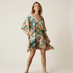 Vestido Kaftán Casual con Cuello en V y Manga Regular, Estilo Bohemio, Largo hasta la Rodilla, con Bolsillos, en Tela Crepé de Chifón, para Verano - Product Image 1