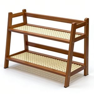 Doğal Bambu Çift Katlı Depolama Rafı, Havalandırmalı Delikli Raflar ve Sağlam A-Çerçeveli, Ev Ofisi İçin - Product Image 5