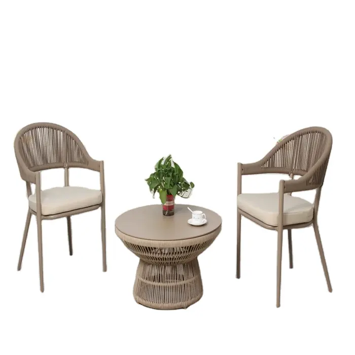 Luxury aluminum outdoor furniture waterproof durable teak wood rope weaving 6 seater luxury dining table and chair set